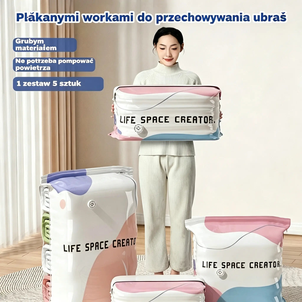 👕📦【Zestaw 5 sztuk! 22 zł / sztuka】Worki próżniowe do kompresji ubrań, nie wymagają pompki | Dwuwarstwowy pasek uszczelniający o pogrubionej konstrukcji zapobiegający pękaniu i przeciekaniu.