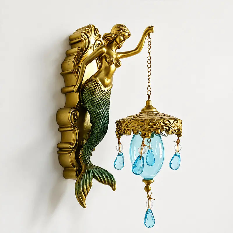 🧜‍♀️ Vintage sellő fali lámpa – Art Deco stílusú sárgaréz fali lámpa üvegernyővel, szobrászati tengerparti dekorációval ✨🛋️