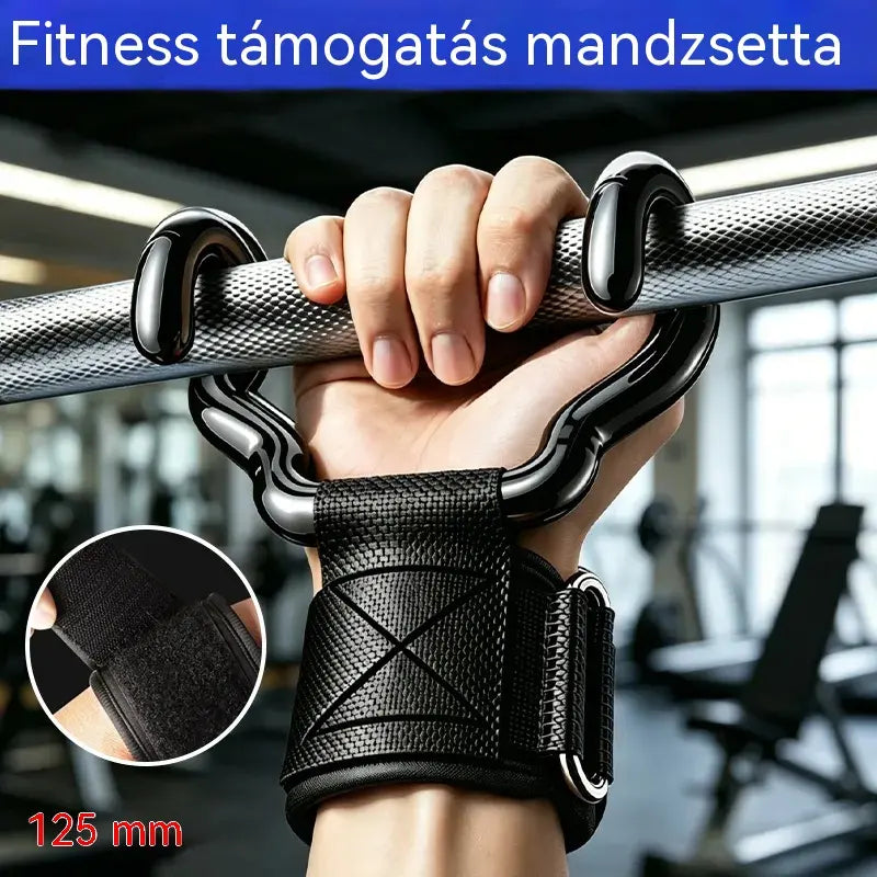 2 db-os fitneszhorog testépítéshez és súlyemeléshez, 125 mm-es szélesített támasz, csúszásgátló csuklópántok, 250 kg teherbírás húzódzkodáshoz és felhúzáshoz