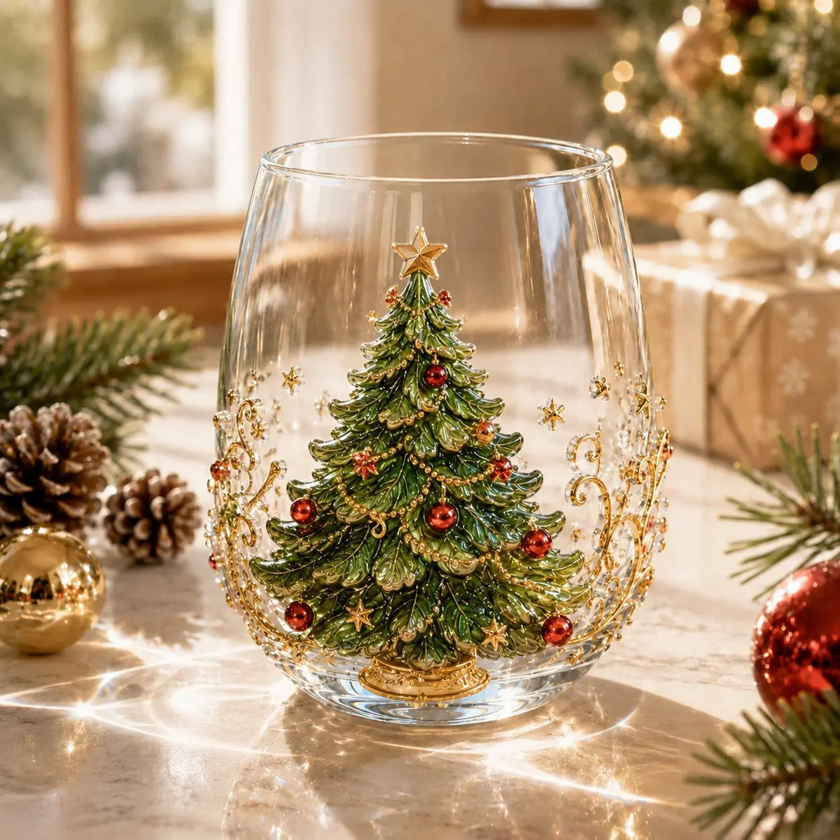 🎄🧑3D karácsonyi üvegpohár I Luxus kiemelt ünnepi üvegáruk italokhoz, dekorációhoz és karácsonyi ajándékokhoz