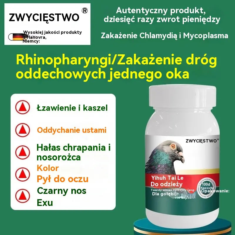 🕊️100 tabletek, specjalny lek dla gołębi pocztowych, stosowany w leczeniu kaszlu, świszczącego oddechu, łzawienia, niewyraźnego widzenia, jaglicy oraz czarno-czerwonej wydzieliny z nosa.