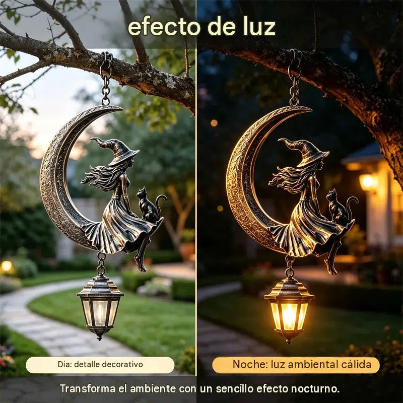 🌙🔮Napenergiás függőlámpás boszorkány a Holdon — vintage gótikus bronz kerti dekoráció boszorkánnyal és fekete macskával