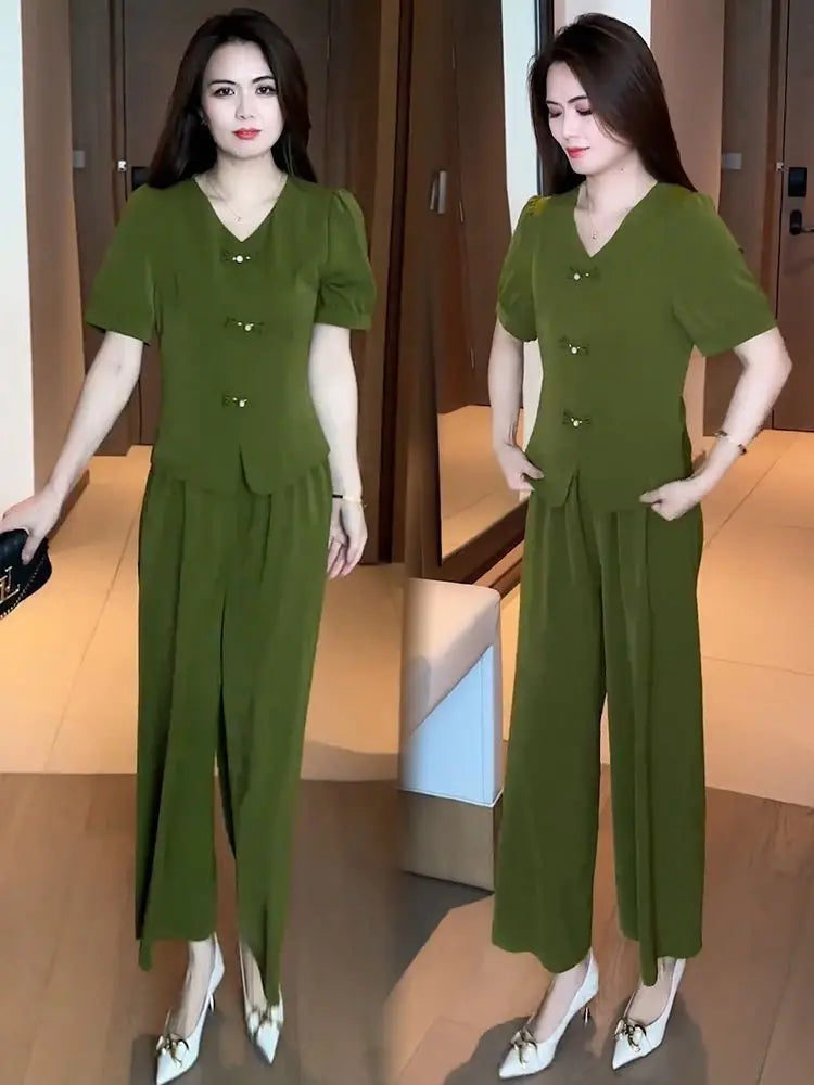 🌸【Top + Pantalones anchos】Conjunto casual de moda