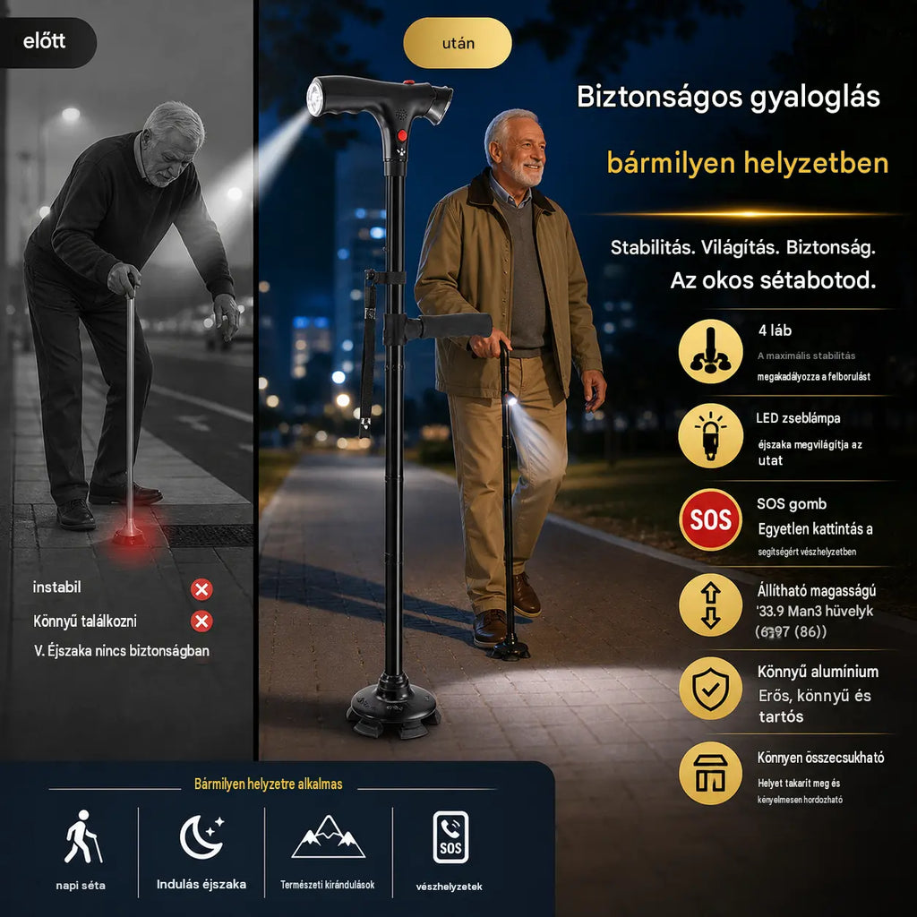 🦯 Többfunkciós összecsukható sétapálca, kifejezetten idősek számára tervezve – alumíniumötvözetből készült, LED lámpával, vészjelző gombbal és 4 támasztóponttal felszerelt. Állítható magasságú 🔦🚨