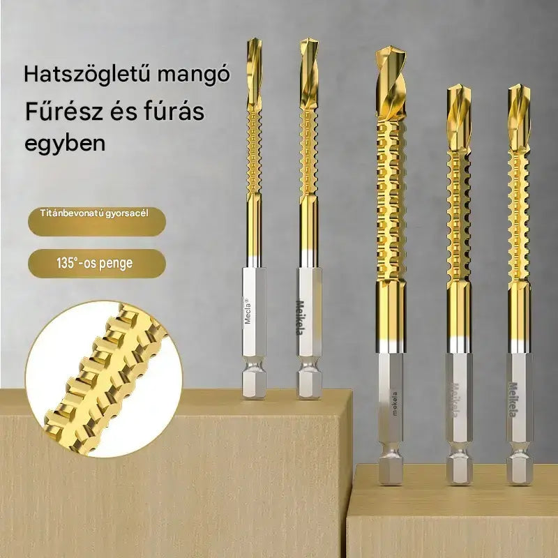 🛠️🔧(6 darabos) 2 az 1-ben titánbevonatú, nagy sebességű acél csigafúró – hatszögletű szárral, fa és fém fúrásához és hornyolásához🔩