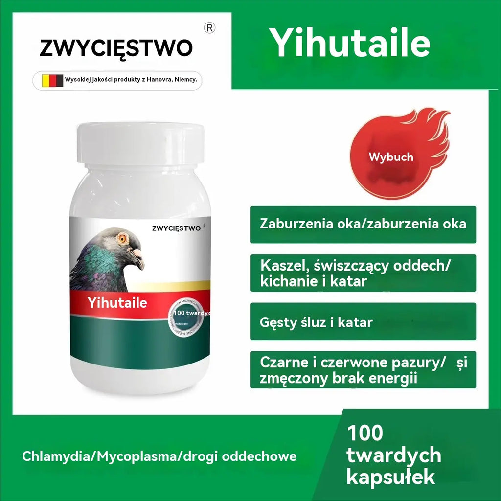 🕊️100 tabletek, specjalny lek dla gołębi pocztowych, stosowany w leczeniu kaszlu, świszczącego oddechu, łzawienia, niewyraźnego widzenia, jaglicy oraz czarno-czerwonej wydzieliny z nosa.