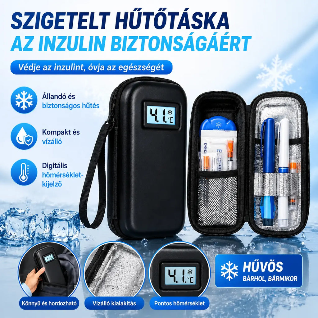 Inzulin utazó hűtőtok hőmérsékletkijelzővel