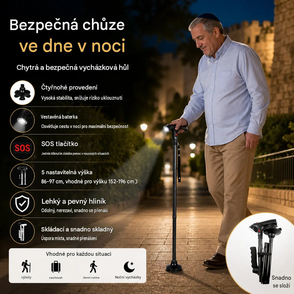 🦯 Multifunkční skládací hůl, speciálně navržená pro seniory - vyrobená ze slitiny hliníku, vybavená LED světlem, nouzovým tlačítkem a 4 opěrnými body. Nastavitelná výška 🔦🚨