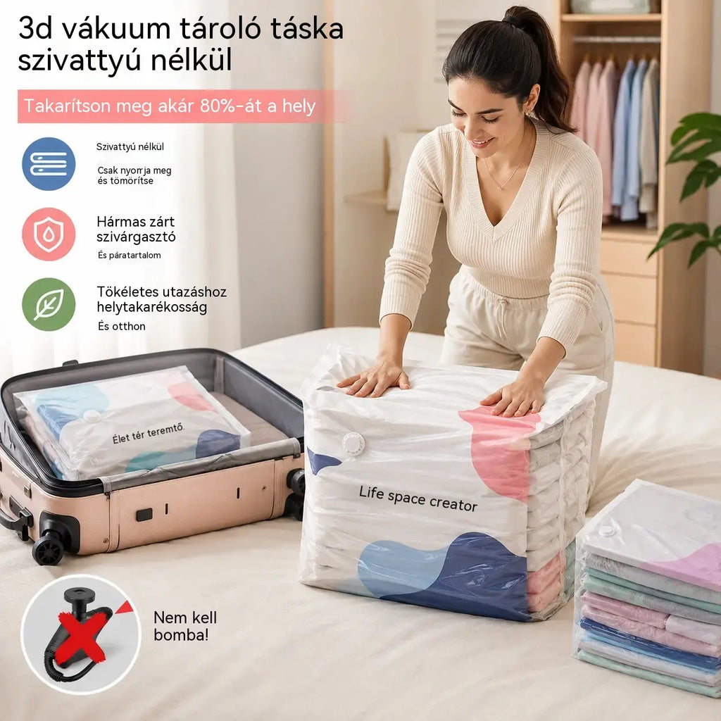 🧳【5 darabos készlet 9600 Ft】💨 Nagy, összenyomható vákuumos tárolózsák: nincs szükség pumpára, szivárgásmentes, és ideális helytakarékosságra bőröndökben és otthon ✈️