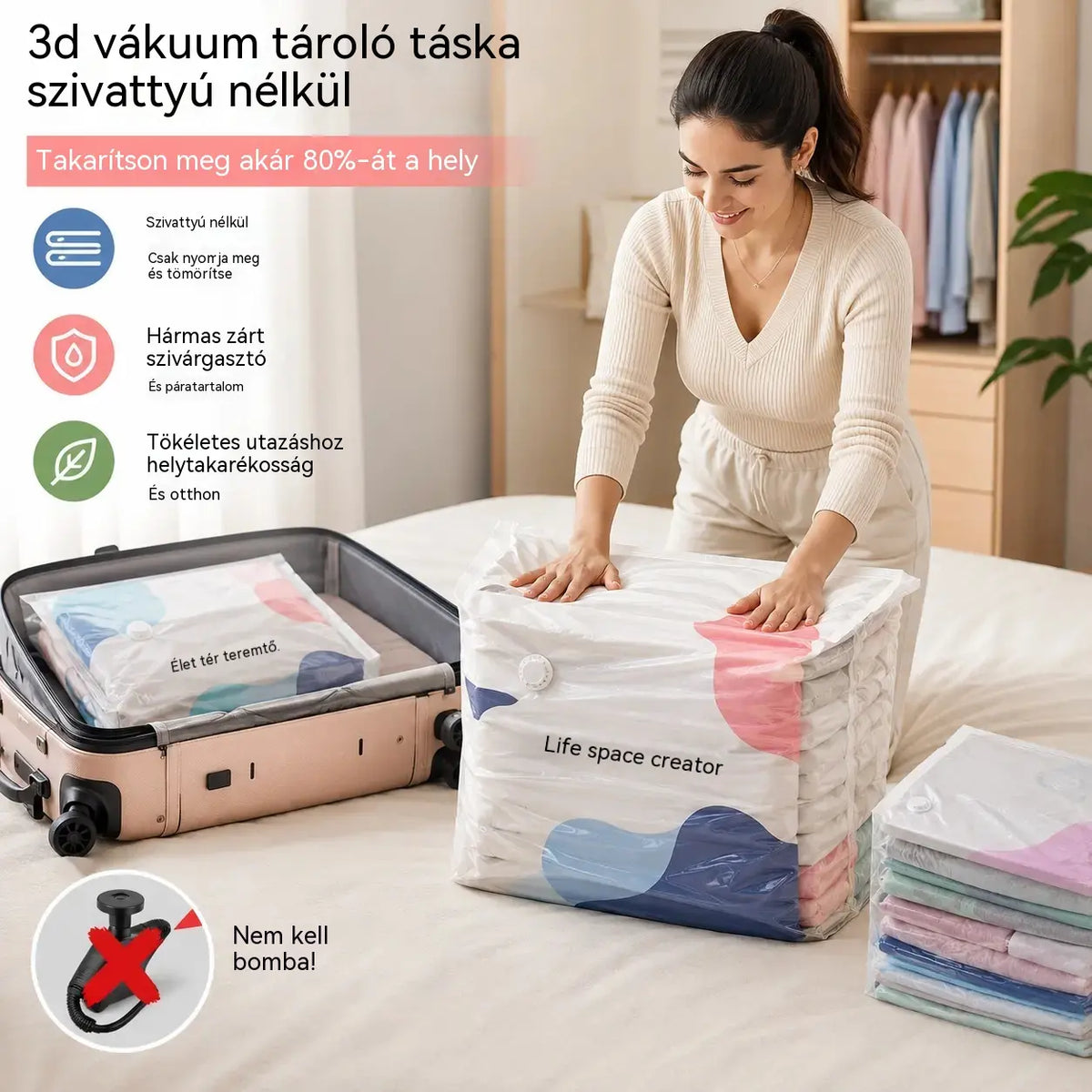 🧳【5 darabos készlet 9600 Ft】💨 Nagy, összenyomható vákuumos tárolózsák: nincs szükség pumpára, szivárgásmentes, és ideális helytakarékosságra bőröndökben és otthon ✈️