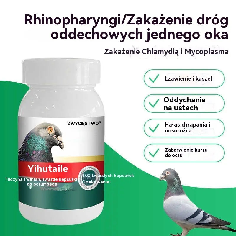 🕊️100 tabletek, specjalny lek dla gołębi pocztowych, stosowany w leczeniu kaszlu, świszczącego oddechu, łzawienia, niewyraźnego widzenia, jaglicy oraz czarno-czerwonej wydzieliny z nosa.