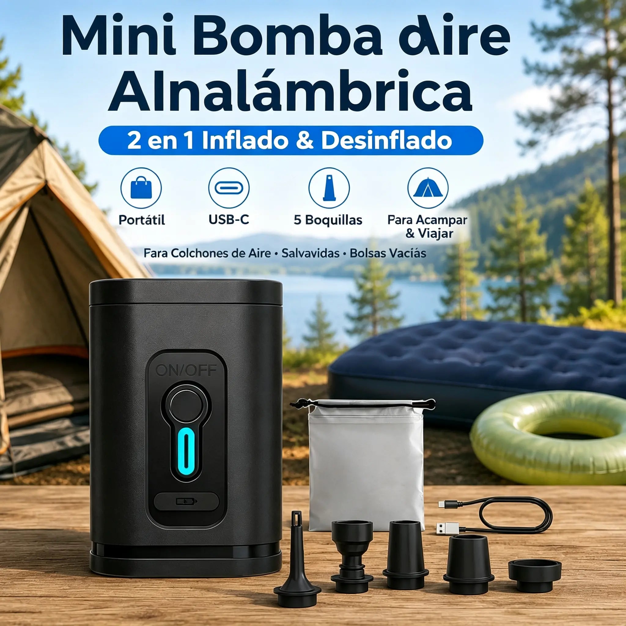 1 darab 9500 Ft 🏕️ Újratölthető kempingpumpa – LED-es világítás, gyors felfújás, kompakt és hordozható