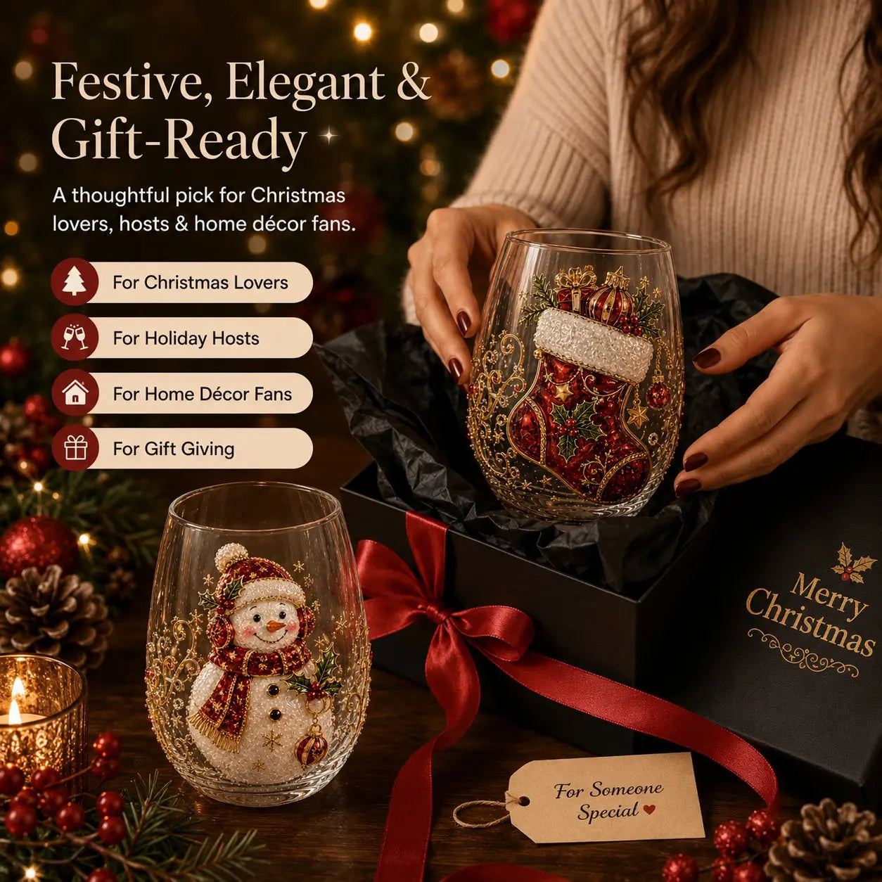 🎄🧑3D karácsonyi üvegpohár I Luxus kiemelt ünnepi üvegáruk italokhoz, dekorációhoz és karácsonyi ajándékokhoz
