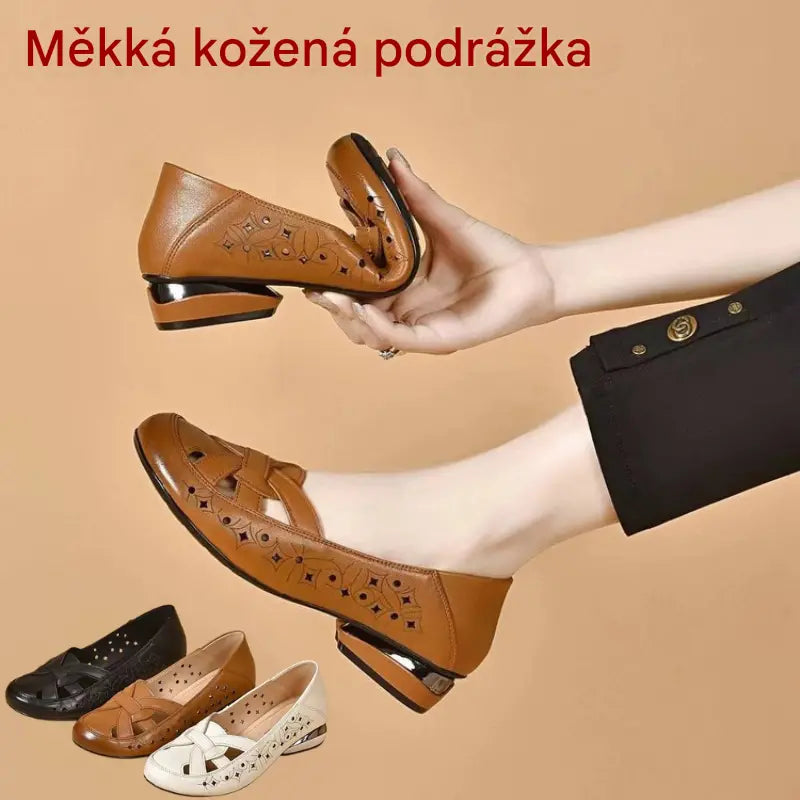 【35-40】2026 Nové dámské sandály, kulatá špička, pravá kůže, nízký podpatek