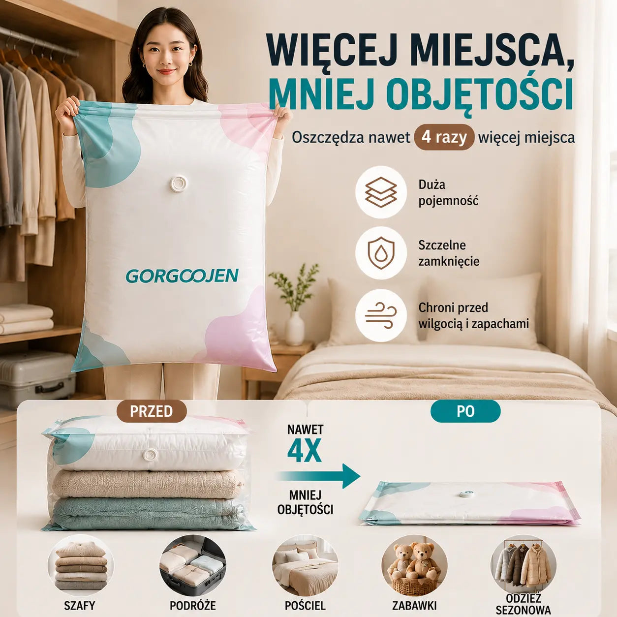 🧳5 za 109 zł.💨 Duży, kompresowalny worek próżniowy do przechowywania: nie wymaga pompki, szczelny i idealny do oszczędzania miejsca w walizkach i w domu ✈️