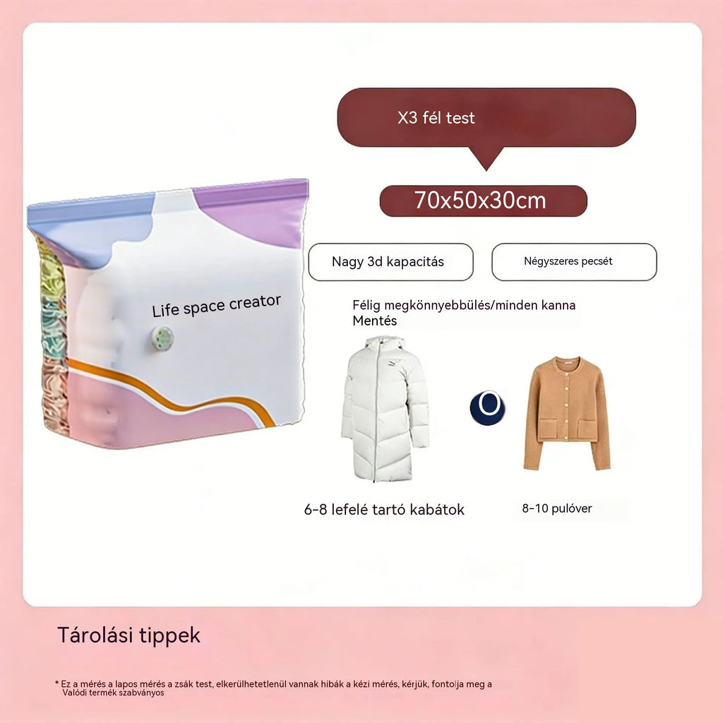 🧳【5 darabos készlet 9600 Ft】💨 Nagy, összenyomható vákuumos tárolózsák: nincs szükség pumpára, szivárgásmentes, és ideális helytakarékosságra bőröndökben és otthon ✈️