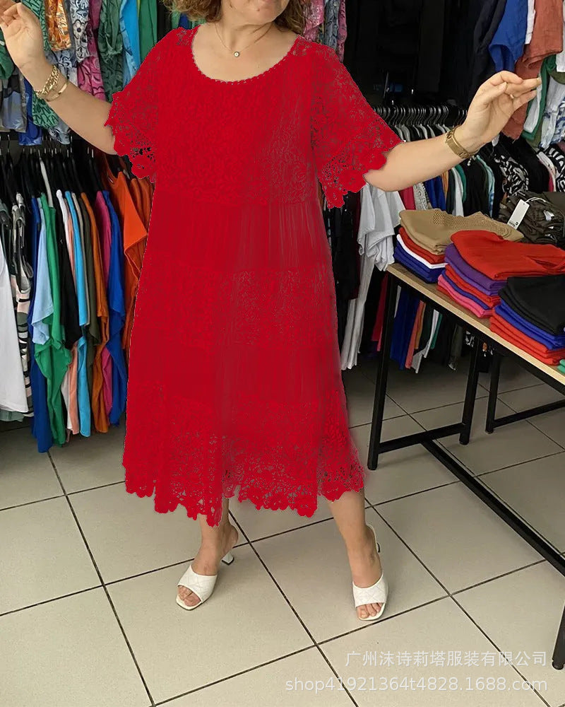 🔥【50% ZNIŻKI】✨✨✨【S-5XL】2026Nowa sukienka-t-shirt z krótkim rękawem, okrągłym dekoltem i koronką.