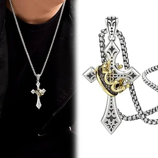 Vintage náhrdelník s křížem a korunou – symbol víry, síly a každodenní ochrany