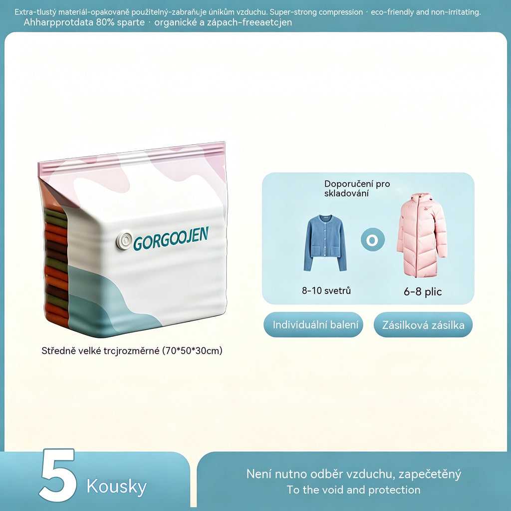 🧳 5 kusy 590Kč 💨 Velký, stlačitelný vakuový úložný sáček: není potřeba pumpička, nepropustný a ideální pro úsporu místa v kufrech i doma ✈️