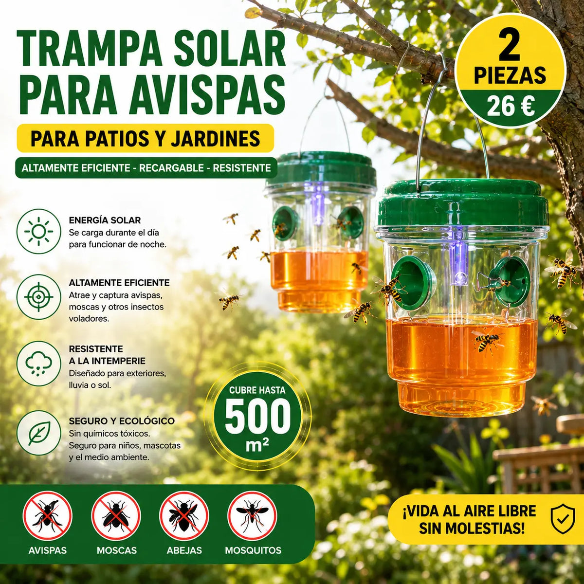 2 piezas 26 €☀️ Trampa Solar LED para Moscas y Mosquitos – Atrapa Insectos sin Químicos para Jardín y Balcón 🪰