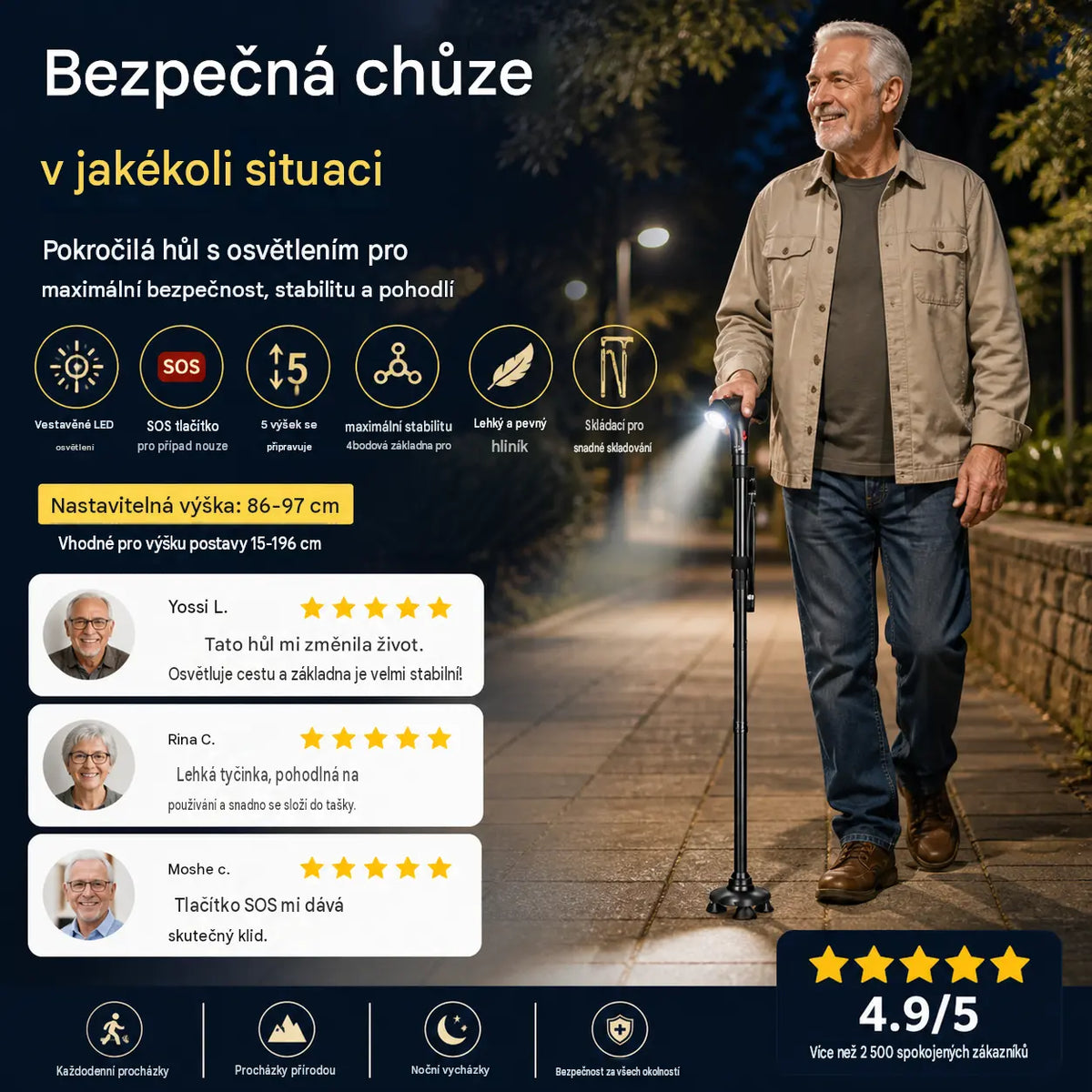 🦯 Multifunkční skládací hůl, speciálně navržená pro seniory - vyrobená ze slitiny hliníku, vybavená LED světlem, nouzovým tlačítkem a 4 opěrnými body. Nastavitelná výška 🔦🚨