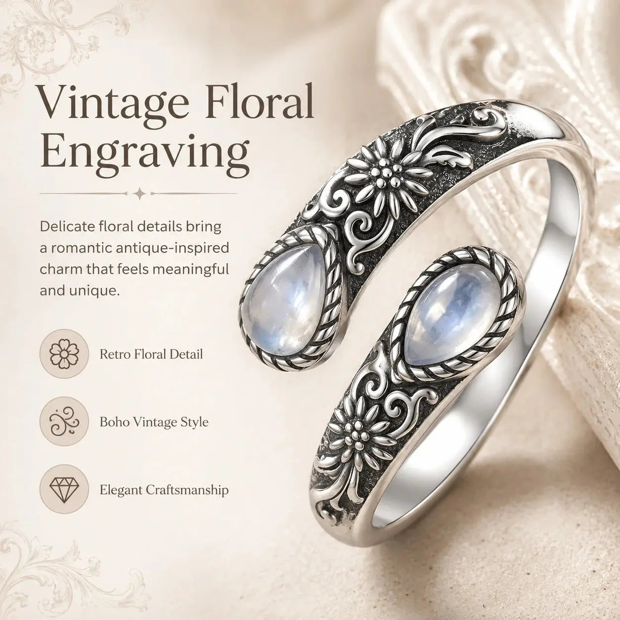 🔥🎁48% KEDVEZMÉNY🌙Holdkő Gyűrű | Vintage Stílus • Állítható Méret • Időtlen Elegancia