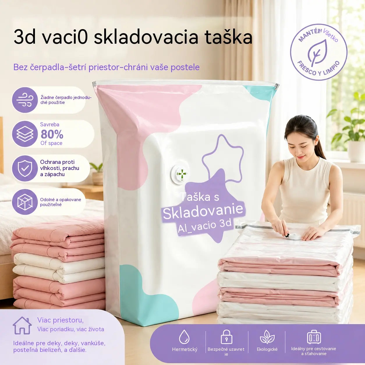 🧳【5-dílná sada】💨 Velká, stlačitelná vakuová úložná kapsa: nevyžaduje pumpičku, je nepropustná a ideální pro úsporu místa v kufru a doma ✈️