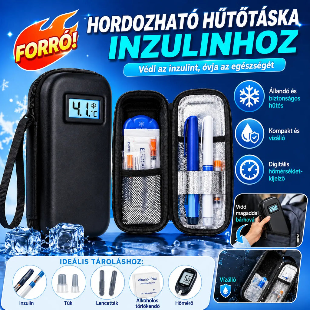 Inzulin utazó hűtőtok hőmérsékletkijelzővel