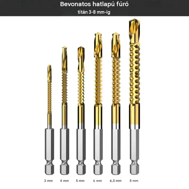 🛠️🔧(6 darabos) 2 az 1-ben titánbevonatú, nagy sebességű acél csigafúró – hatszögletű szárral, fa és fém fúrásához és hornyolásához🔩