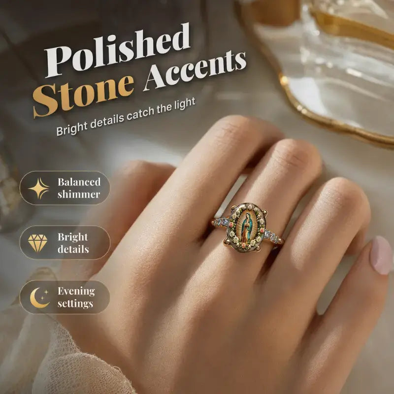 💍 【2 termék—8100 Ft】Aranyszínű, ovális kristályos Szűz Mária-gyűrű