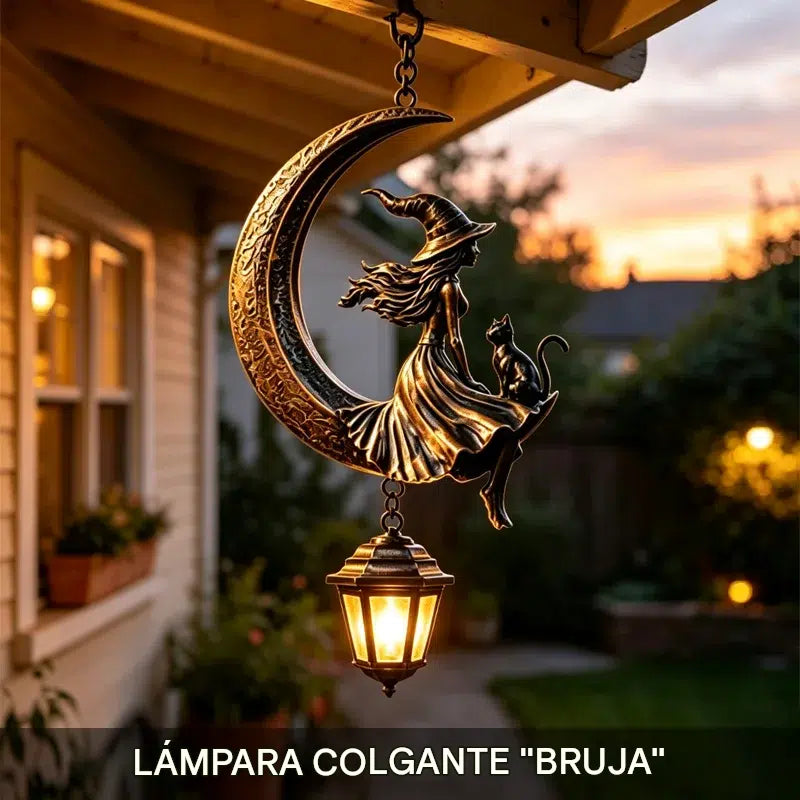 🌙🔮Napenergiás függőlámpás boszorkány a Holdon — vintage gótikus bronz kerti dekoráció boszorkánnyal és fekete macskával