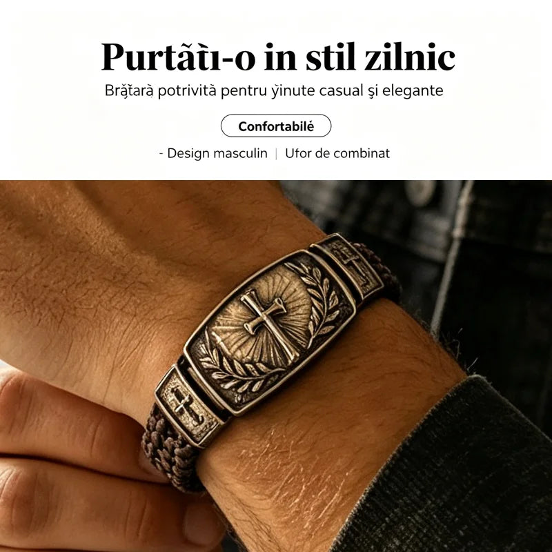 Pánský pletený kožený náramek s křížem a olivovým věncem, vintage starožitný kov, speciální dárek