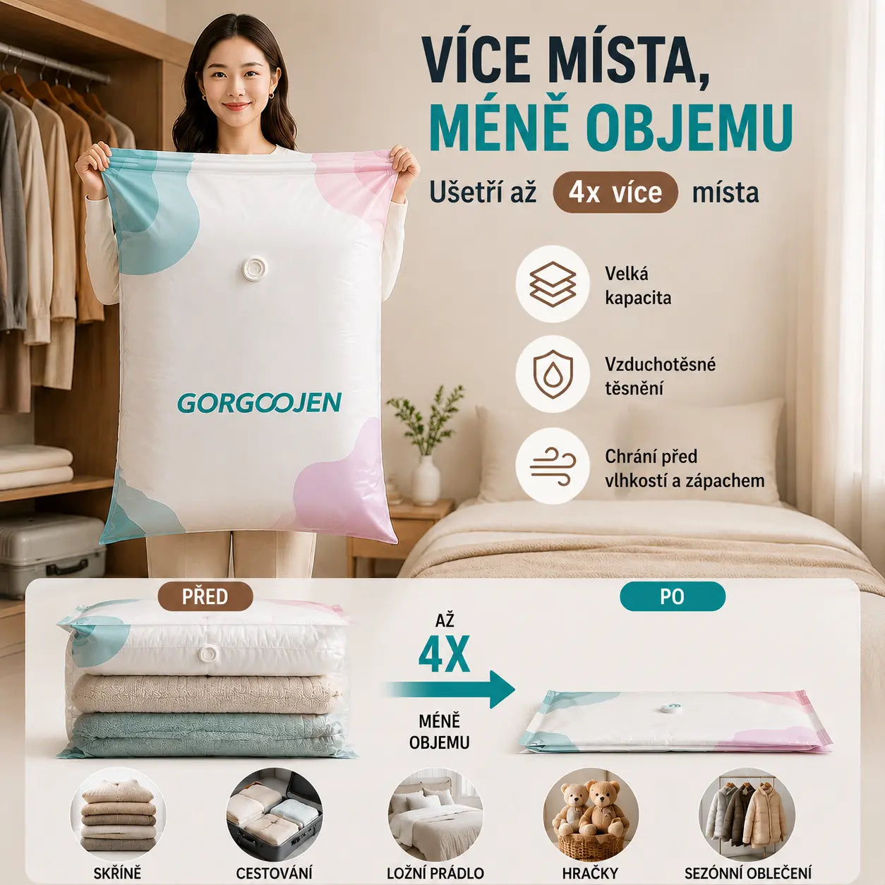 🧳 5 kusy 590Kč 💨 Velký, stlačitelný vakuový úložný sáček: není potřeba pumpička, nepropustný a ideální pro úsporu místa v kufrech i doma ✈️