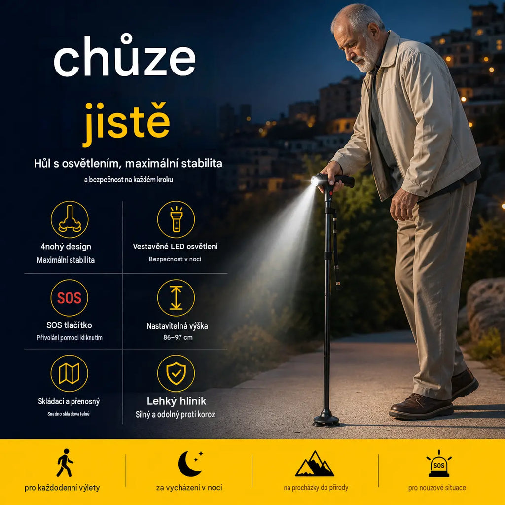 🦯 Multifunkční skládací hůl, speciálně navržená pro seniory - vyrobená ze slitiny hliníku, vybavená LED světlem, nouzovým tlačítkem a 4 opěrnými body. Nastavitelná výška 🔦🚨